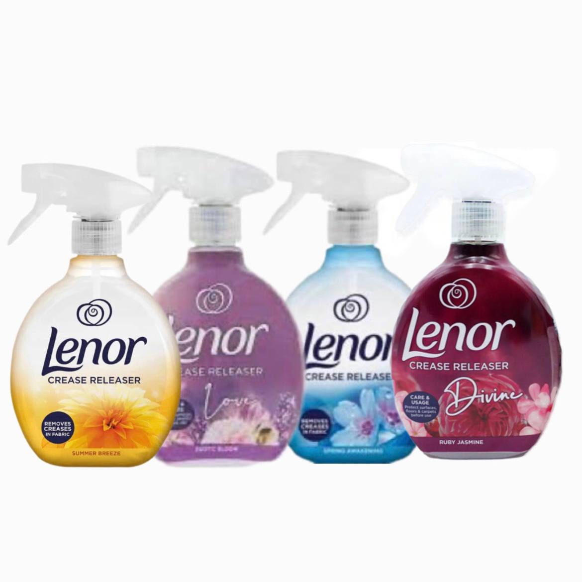 اسپری ضد چروک و خوشبوکننده لباس لنور با رایحههای شکوفه، یاسمن، نسیم تابستانی و یاسمن یاقوتی