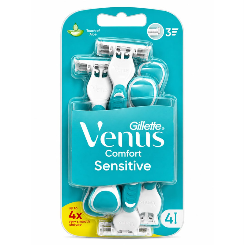 تیغ یکبارمصرف زنانه ژیلت ونوس Comfort Colours بسته ۴ عددی اورجینال (واردات قانونی ارسال از منطقه آزاد ارس) | اصلاح نرم با ۳ تیغه و دسته رنگی